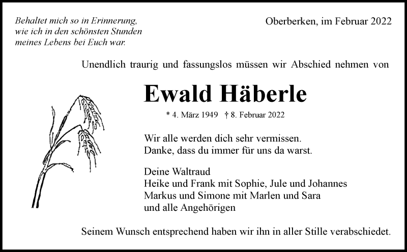  Traueranzeige für Ewald Häberle vom 24.02.2022 aus Waiblinger Kreiszeitung