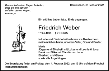 Traueranzeige von Friedrich Weber von Waiblinger Kreiszeitung