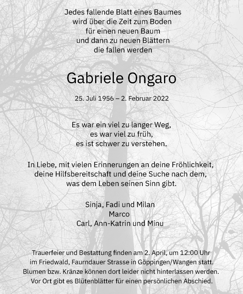  Traueranzeige für Gabriele Ongaro vom 26.02.2022 aus Waiblinger Kreiszeitung
