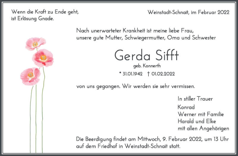  Traueranzeige für Gerda Sifft vom 05.02.2022 aus Waiblinger Kreiszeitung