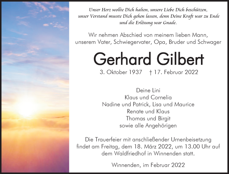  Traueranzeige für Gerhard Gilbert vom 25.02.2022 aus Waiblinger Kreiszeitung