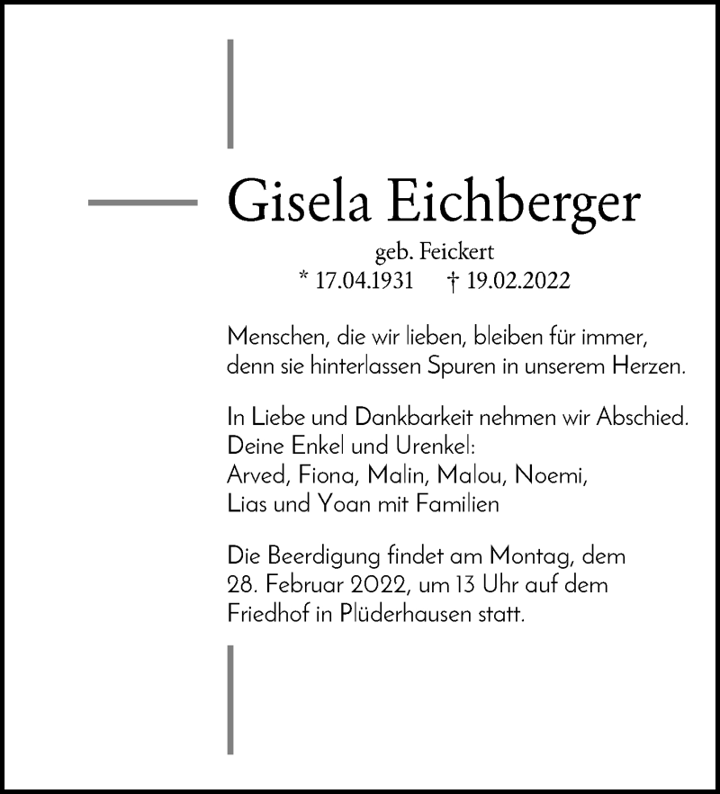  Traueranzeige für Gisela Eichberger vom 24.02.2022 aus Waiblinger Kreiszeitung