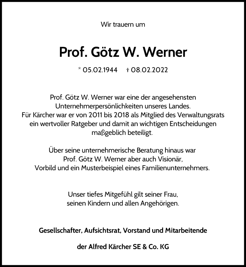  Traueranzeige für Götz W. Werner vom 16.02.2022 aus Waiblinger Kreiszeitung