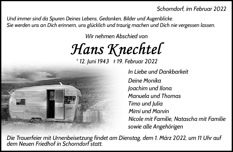  Traueranzeige für Hans Knechtel vom 24.02.2022 aus Waiblinger Kreiszeitung