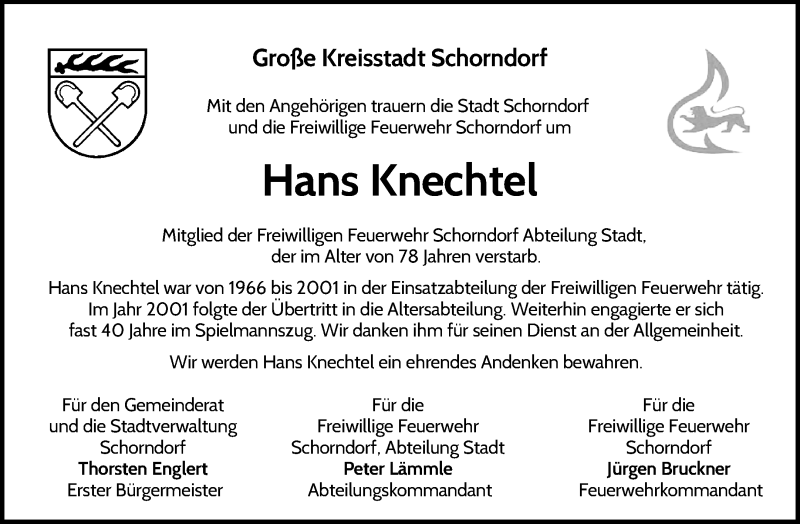 Traueranzeige für Hans Knechtel vom 24.02.2022 aus Waiblinger Kreiszeitung