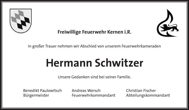  Traueranzeige für Hermann Schwitzer vom 25.02.2022 aus Waiblinger Kreiszeitung