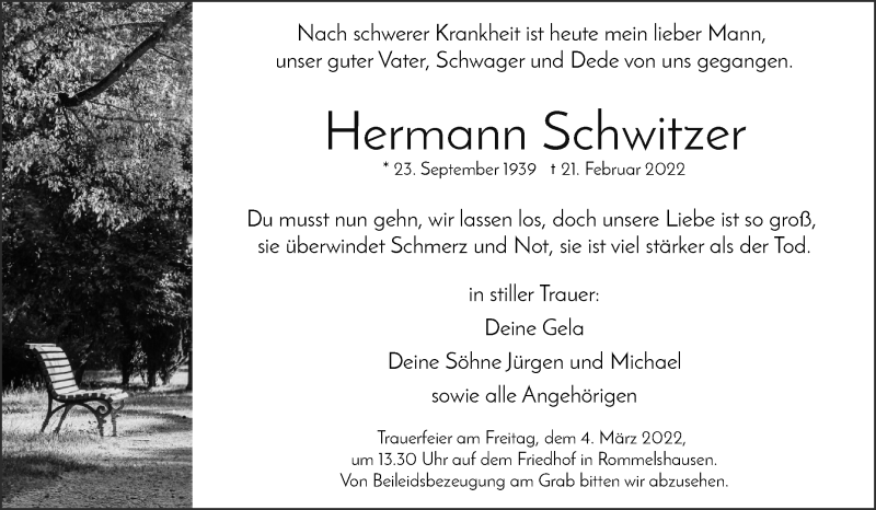  Traueranzeige für Hermann Schwitzer vom 25.02.2022 aus Waiblinger Kreiszeitung