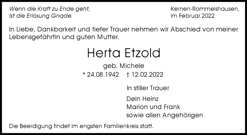  Traueranzeige für Herta Etzold vom 16.02.2022 aus Waiblinger Kreiszeitung