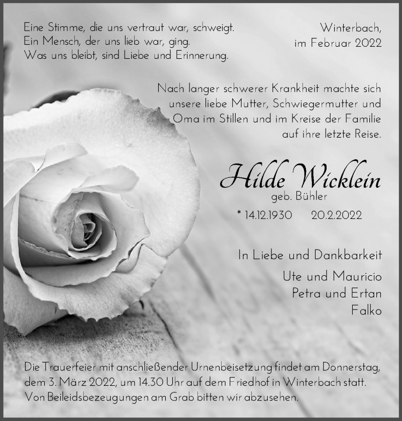  Traueranzeige für Hilde Wicklein vom 25.02.2022 aus Waiblinger Kreiszeitung