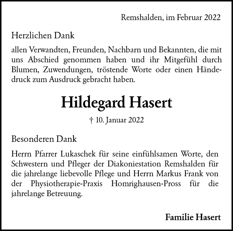  Traueranzeige für Hildegard Hasert vom 09.02.2022 aus Waiblinger Kreiszeitung