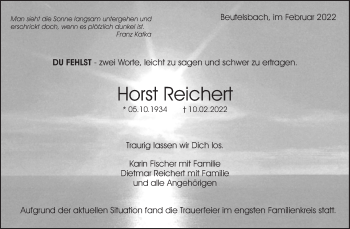 Traueranzeige von Horst Reichert von Waiblinger Kreiszeitung