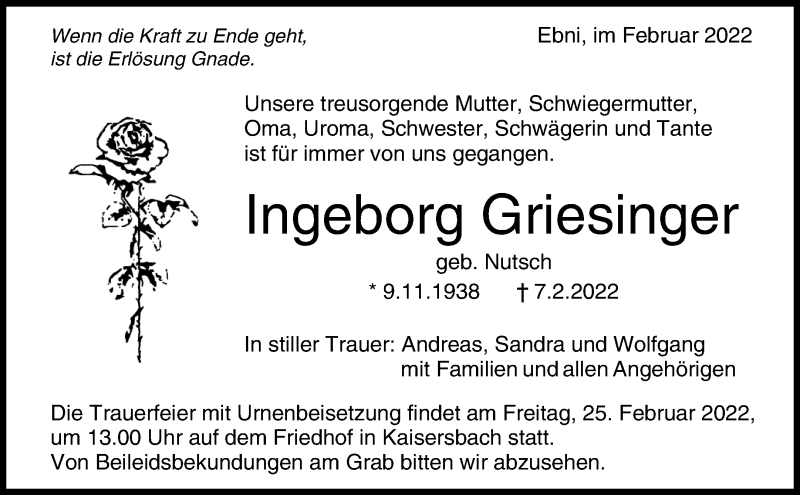  Traueranzeige für Ingeborg Griesinger vom 21.02.2022 aus Waiblinger Kreiszeitung