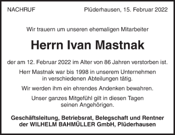 Traueranzeige von Ivan Mastnak von Waiblinger Kreiszeitung