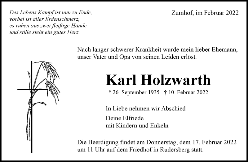  Traueranzeige für Karl Holzwarth vom 14.02.2022 aus Waiblinger Kreiszeitung