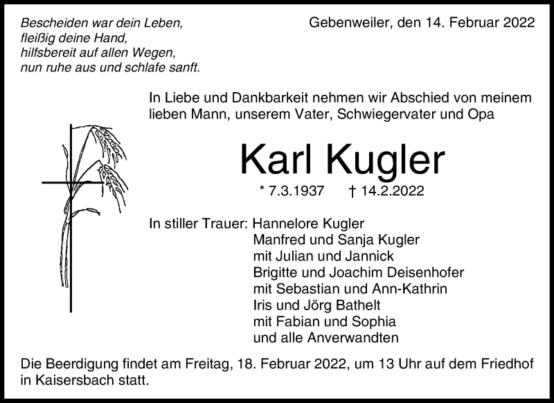  Traueranzeige für Karl Kugler vom 16.02.2022 aus Waiblinger Kreiszeitung