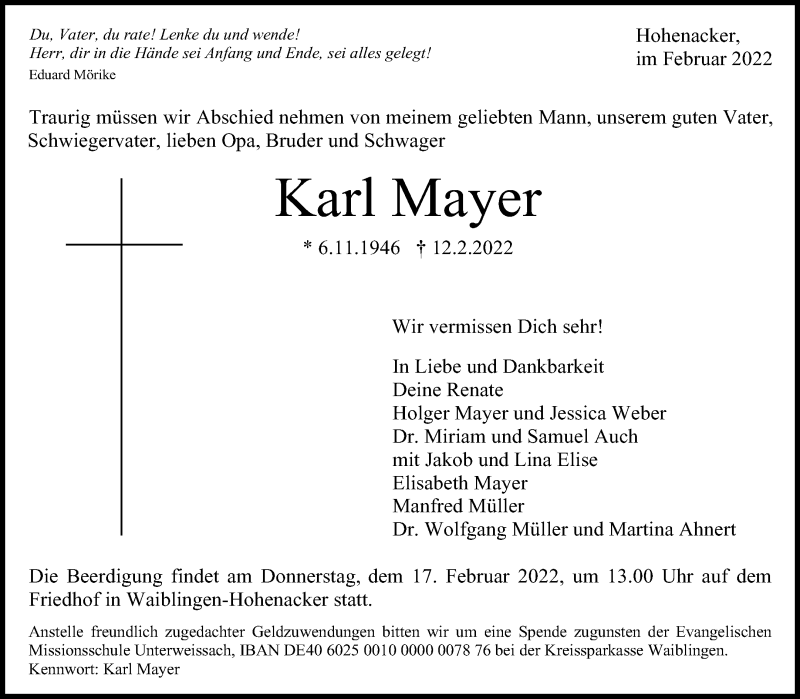  Traueranzeige für Karl Mayer vom 15.02.2022 aus Waiblinger Kreiszeitung