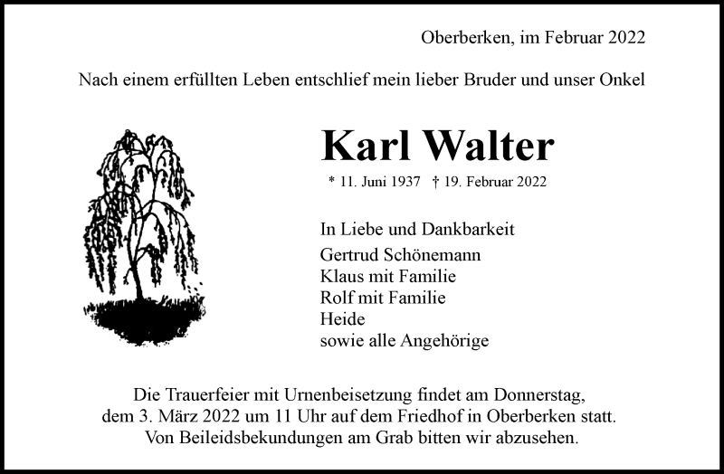  Traueranzeige für Karl Walter vom 28.02.2022 aus Waiblinger Kreiszeitung