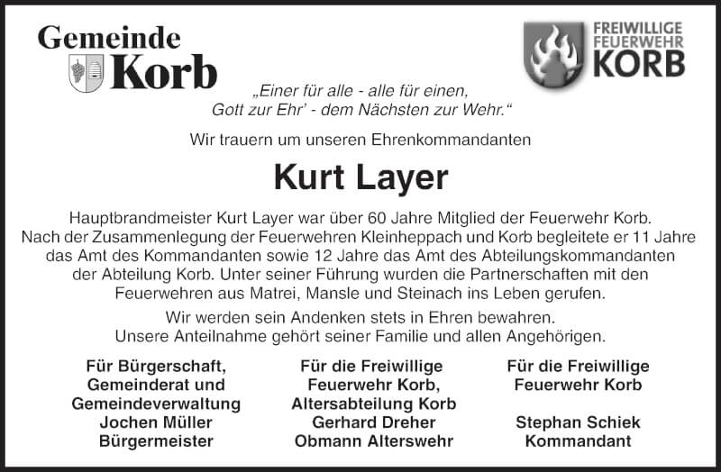  Traueranzeige für Kurt Layer vom 05.02.2022 aus Waiblinger Kreiszeitung