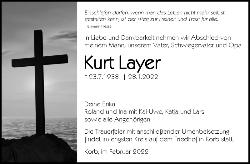  Traueranzeige für Kurt Layer vom 02.02.2022 aus Waiblinger Kreiszeitung