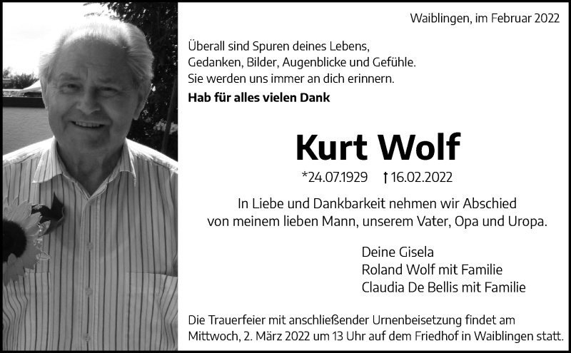 Traueranzeige für Kurt Wolf vom 25.02.2022 aus Waiblinger Kreiszeitung