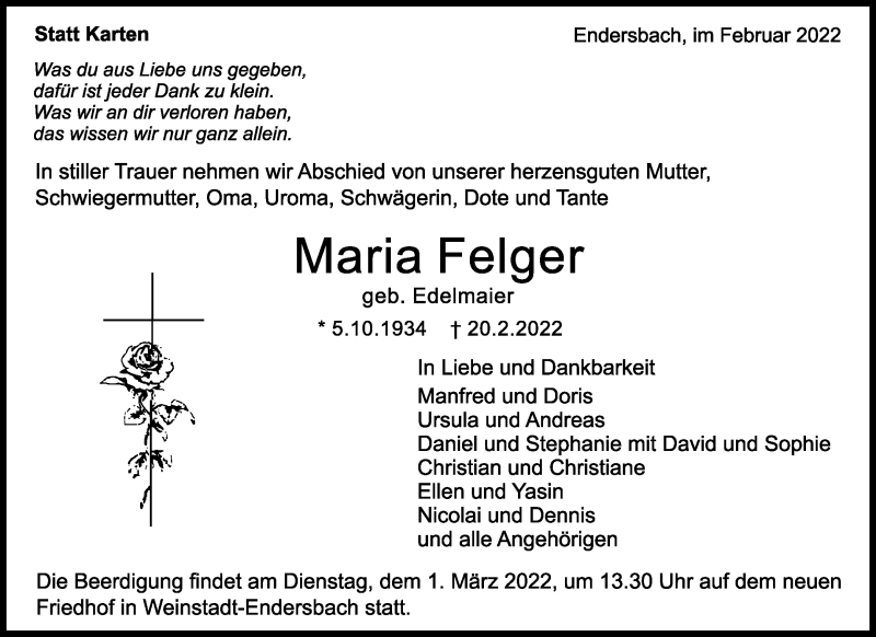  Traueranzeige für Maria Felger vom 24.02.2022 aus Waiblinger Kreiszeitung