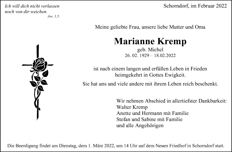  Traueranzeige für Marianne Kremp vom 24.02.2022 aus Waiblinger Kreiszeitung