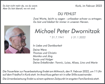 Traueranzeige von Michael Peter Dwornitzak von Waiblinger Kreiszeitung