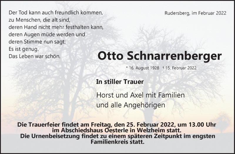  Traueranzeige für Otto Schnarrenberger vom 22.02.2022 aus Waiblinger Kreiszeitung
