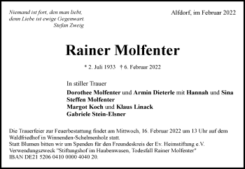 Traueranzeige von Rainer Molfenter von Waiblinger Kreiszeitung