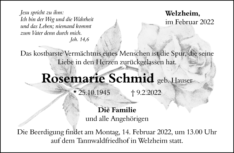  Traueranzeige für Rosemarie Schmid vom 14.02.2022 aus Waiblinger Kreiszeitung