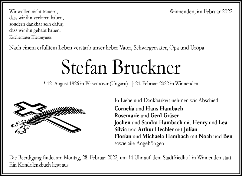  Traueranzeige für Stefan Bruckner vom 25.02.2022 aus Waiblinger Kreiszeitung