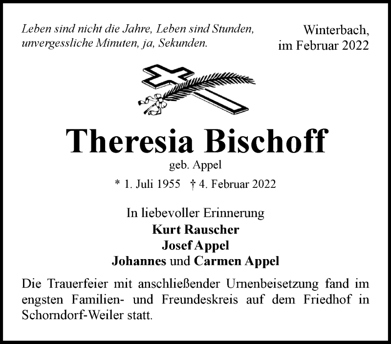  Traueranzeige für Theresia Bischoff vom 18.02.2022 aus Waiblinger Kreiszeitung