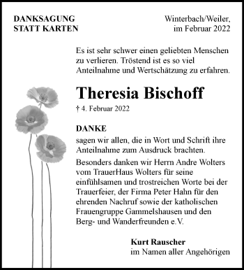 Traueranzeige von Theresia Bischoff von Waiblinger Kreiszeitung