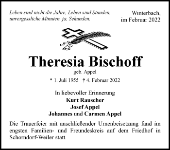 Traueranzeige von Theresia Bischoff von Waiblinger Kreiszeitung