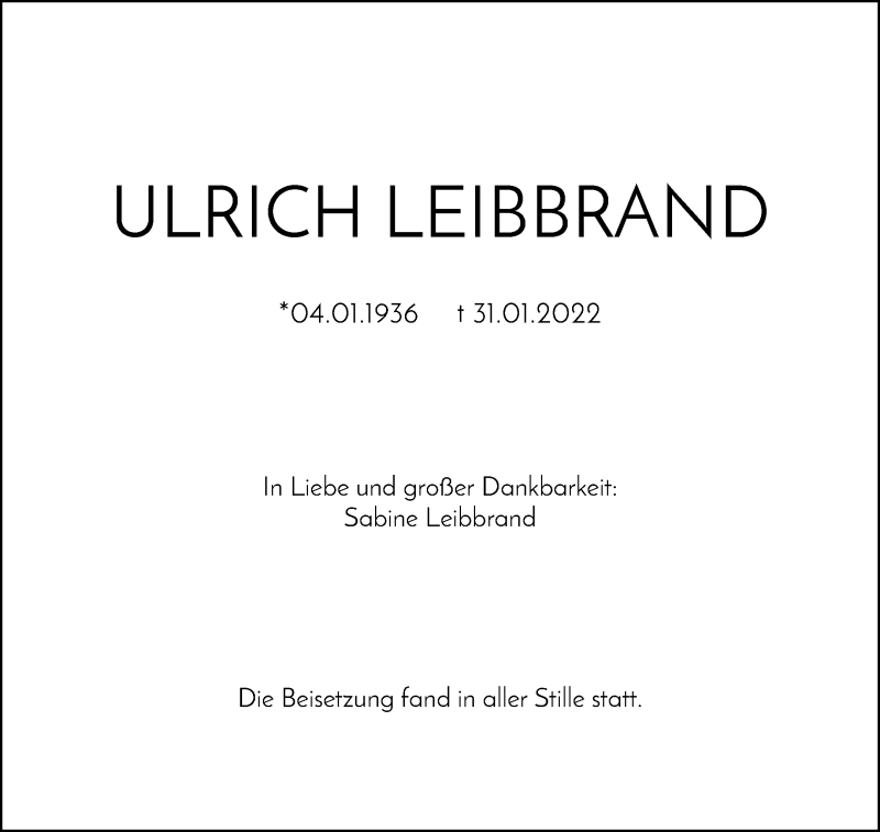  Traueranzeige für Ulrich Leibbrand vom 26.02.2022 aus Waiblinger Kreiszeitung