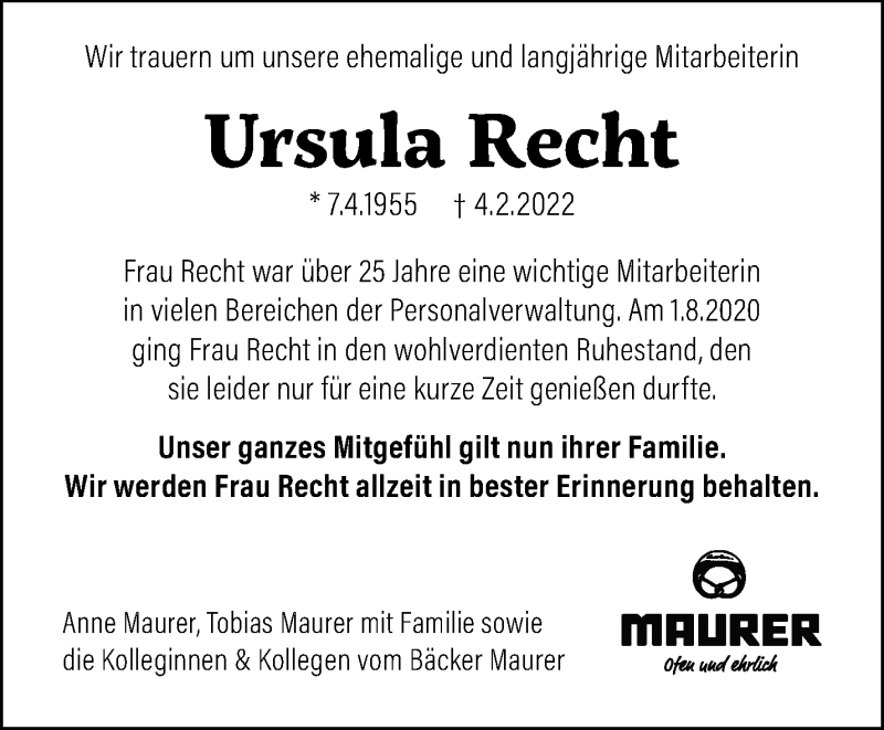  Traueranzeige für Ursula Recht vom 22.02.2022 aus Waiblinger Kreiszeitung
