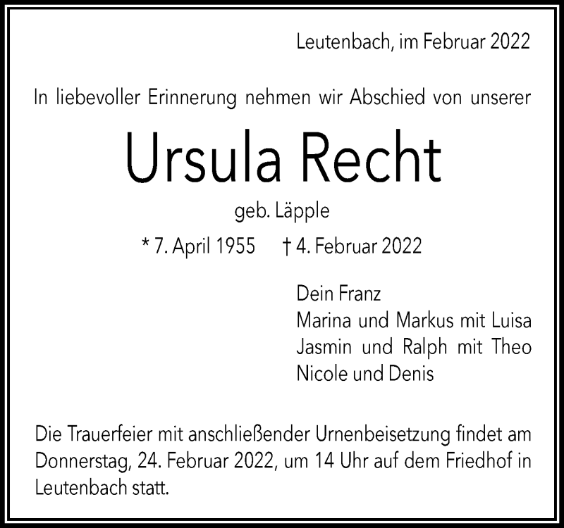  Traueranzeige für Ursula Recht vom 19.02.2022 aus Waiblinger Kreiszeitung