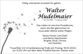 Traueranzeige von Walter Hudelmeier von Waiblinger Kreiszeitung