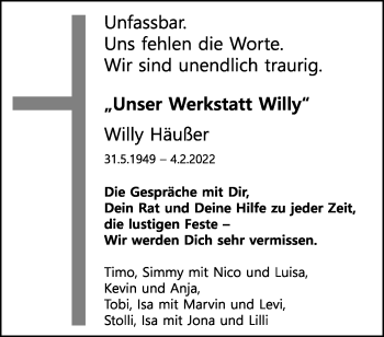 Traueranzeige von Willy Häußer von Waiblinger Kreiszeitung