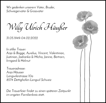 Traueranzeige von Willy Ulrich Häußer von Waiblinger Kreiszeitung