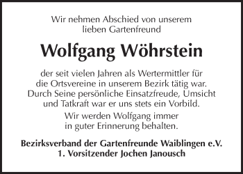 Traueranzeige von Wolfgang Wöhrstein von Waiblinger Kreiszeitung