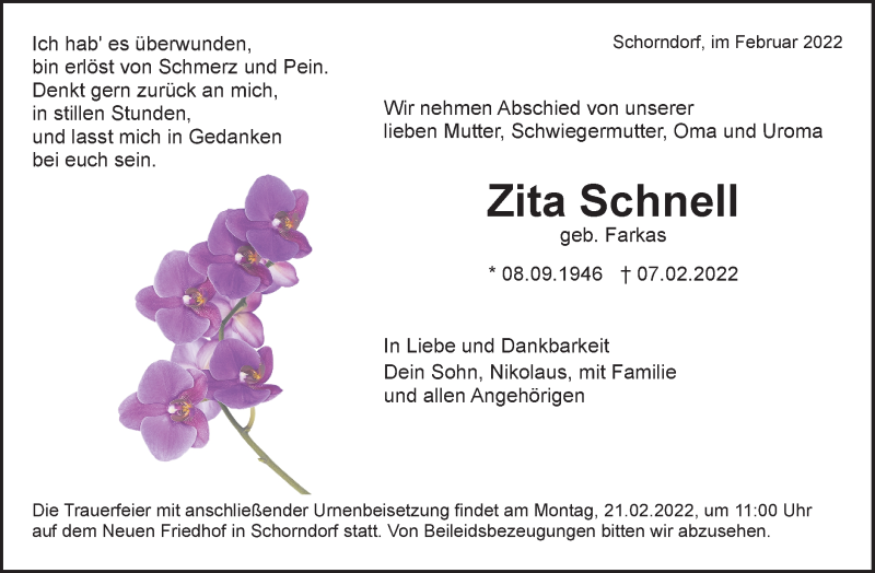  Traueranzeige für Zita Schnell vom 17.02.2022 aus Waiblinger Kreiszeitung