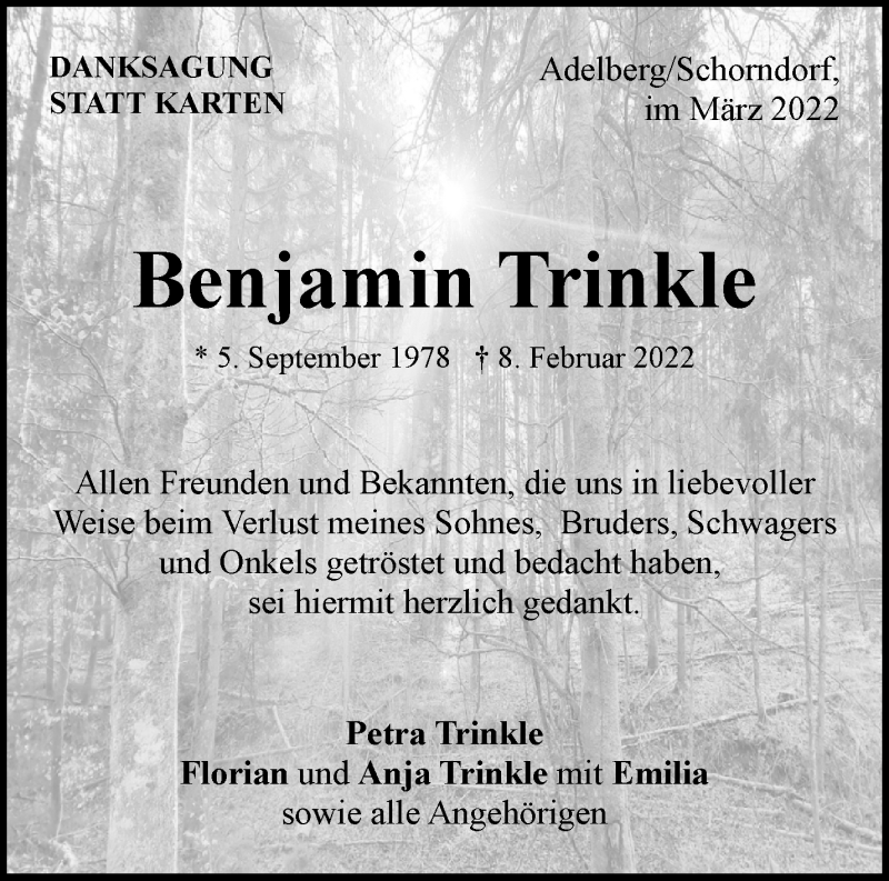 Traueranzeige für Benjamin Trinkle vom 09.03.2022 aus Waiblinger Kreiszeitung