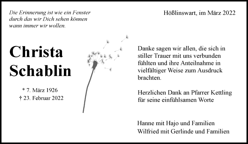  Traueranzeige für Christa Schablin vom 09.03.2022 aus Waiblinger Kreiszeitung