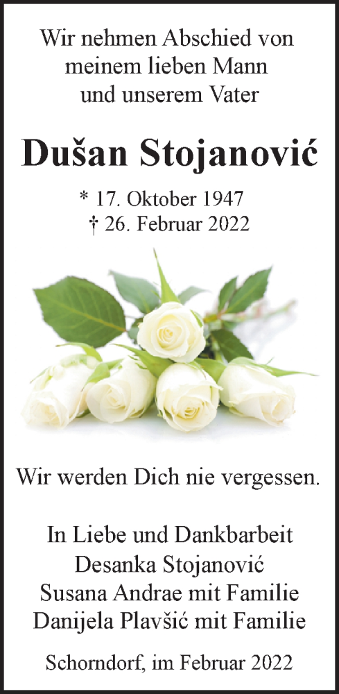  Traueranzeige für Dusan Stojanovic vom 02.03.2022 aus Waiblinger Kreiszeitung
