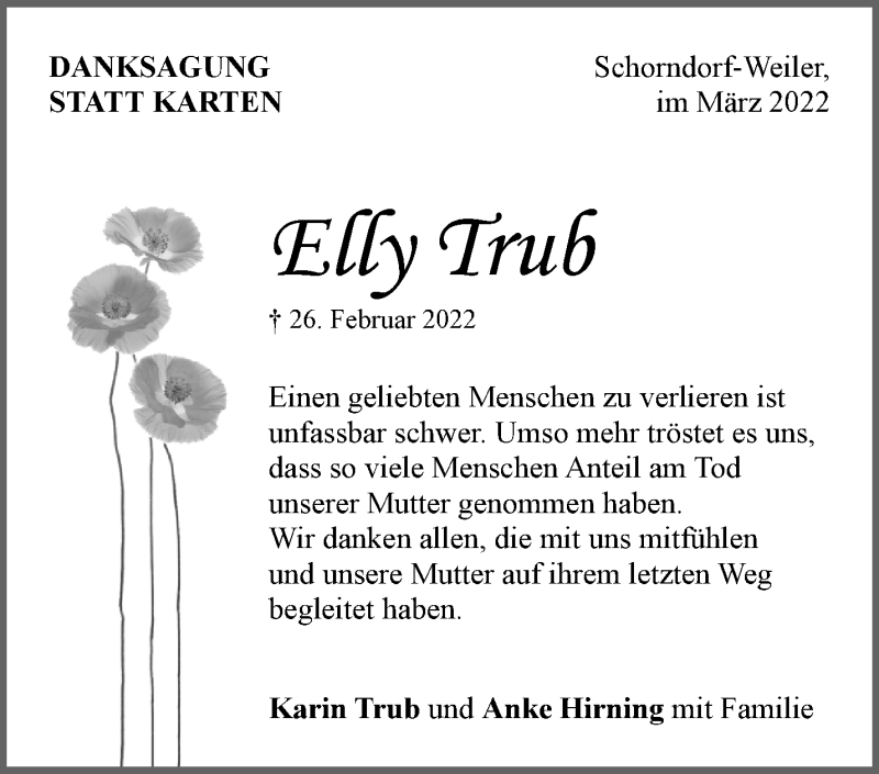  Traueranzeige für Elly Trub vom 26.03.2022 aus Waiblinger Kreiszeitung