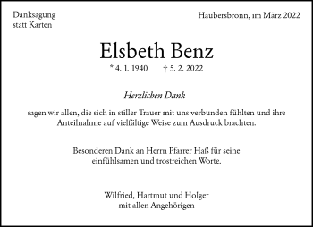 Traueranzeige von Elsbeth Benz von Waiblinger Kreiszeitung