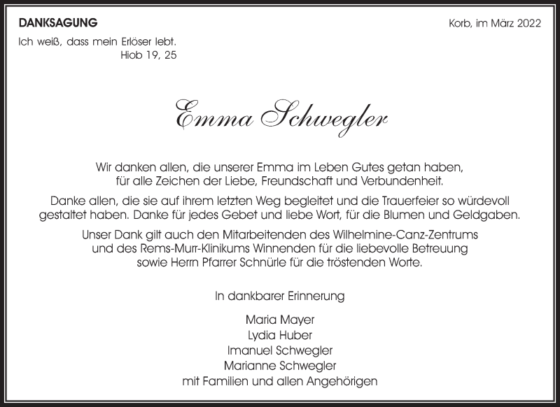  Traueranzeige für Emma Schwegler vom 05.03.2022 aus Waiblinger Kreiszeitung
