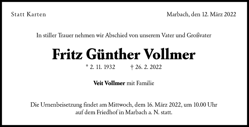  Traueranzeige für Fritz Günther Vollmer vom 12.03.2022 aus Waiblinger Kreiszeitung