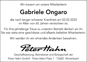 Traueranzeige von Gabriele Ongaro von Waiblinger Kreiszeitung